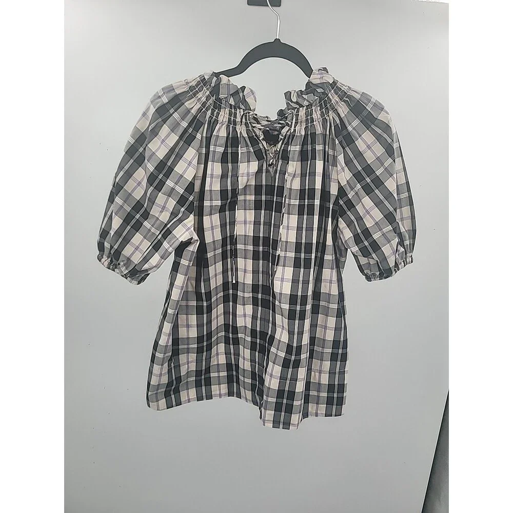 J Crew Smocked Neck Puff Sleeve Top In Friday Plaid Sz S Preppy Office Work